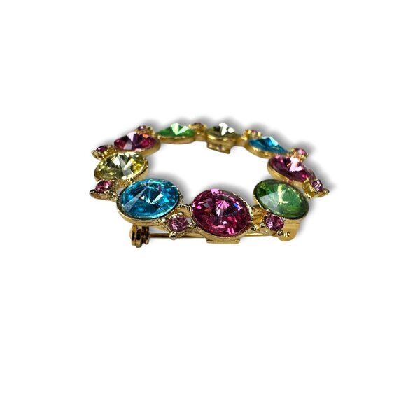 Alex & Ani Colorful Gold-Tone Circle Rhinestone Brooch Signed Uranium Glass Glow - Picture 12 of 13